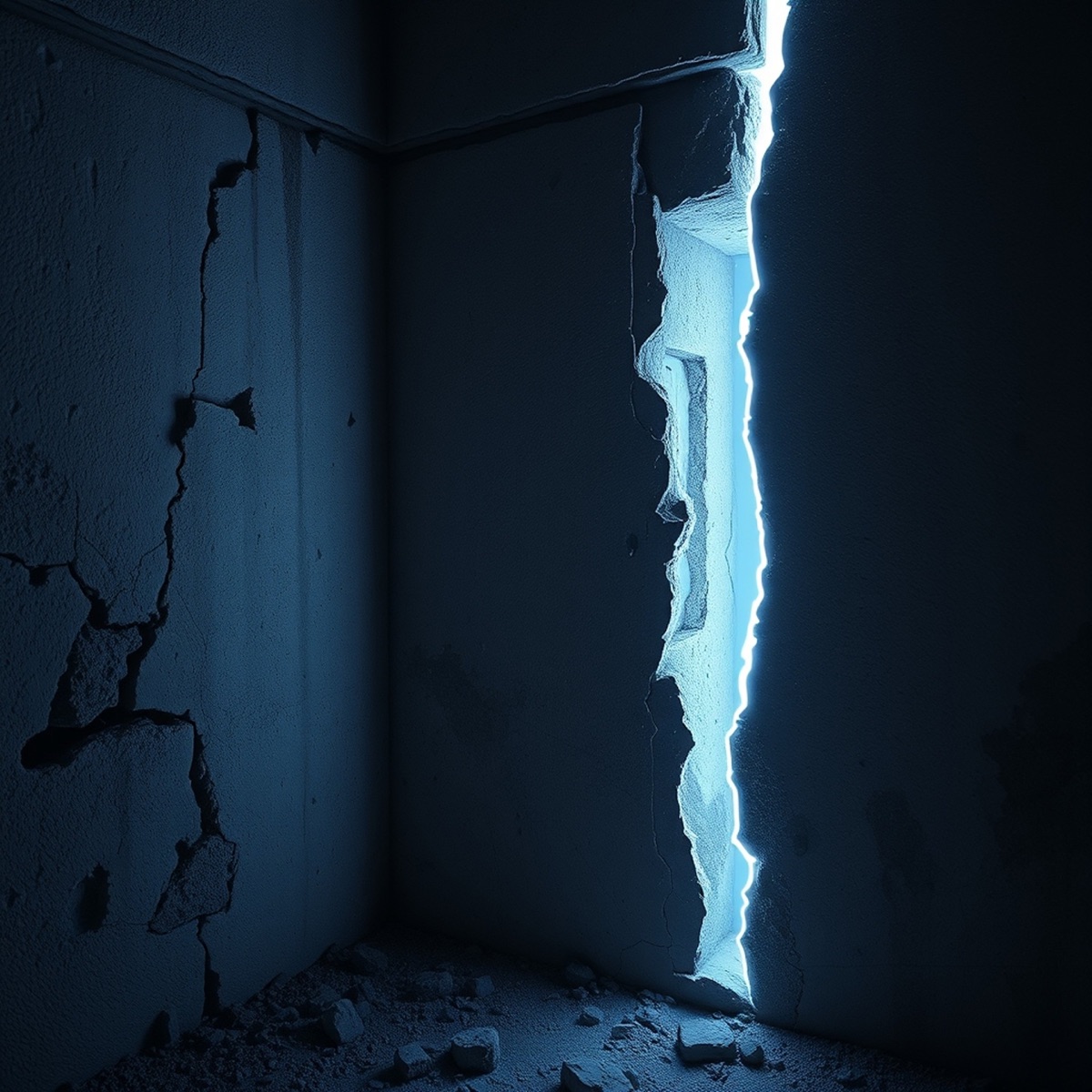 Dunkle Wand mit Rissen, durch die Licht bricht — Sinnbild für verdeckte Mängel